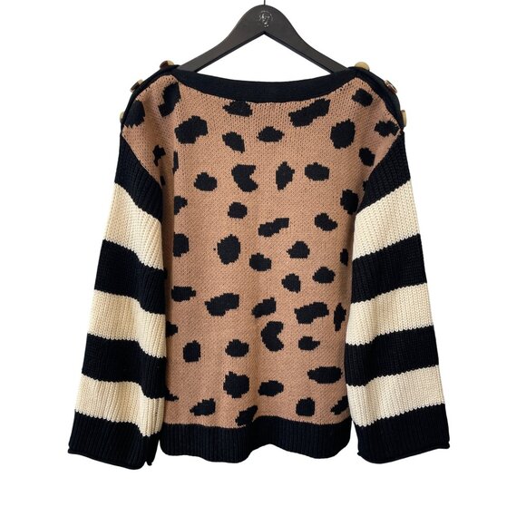 The Nines Sweater Size Small Leopard Print Striped Sleeves Button Shoulder Comfy - Picture 2 of 7